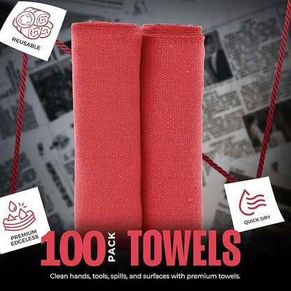 Utopia Towels Cotton Shop Towels 12x14 Inch, 100 Pack Soft, Absorbent Reusable Cotton Rags, Durable and Multipurpose Cleaning Shop Towel for Auto, Garage, Bar, & Home Cleaning (Red)
