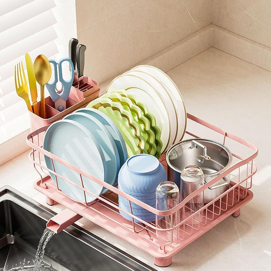 AIDERLY Iron Dish Drying Rack Auto Drain Dish Drainers Kitchen Counter Strainer with Draining Tray, Pink