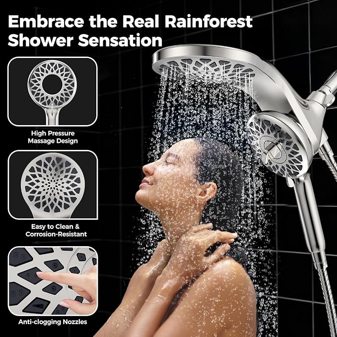 High Pressure Rain Shower Head with Handheld Spray Combo: Detachable Dual Shower Head with 10 Sprays Modes - Upgrade Knob Spray Mode Selector and Magnetic Guidance Docking System