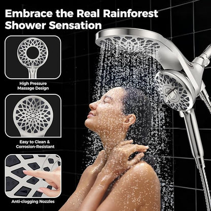 High Pressure Rain Shower Head with Handheld Spray Combo: Detachable Dual Shower Head with 10 Sprays Modes - Upgrade Knob Spray Mode Selector and Magnetic Guidance Docking System