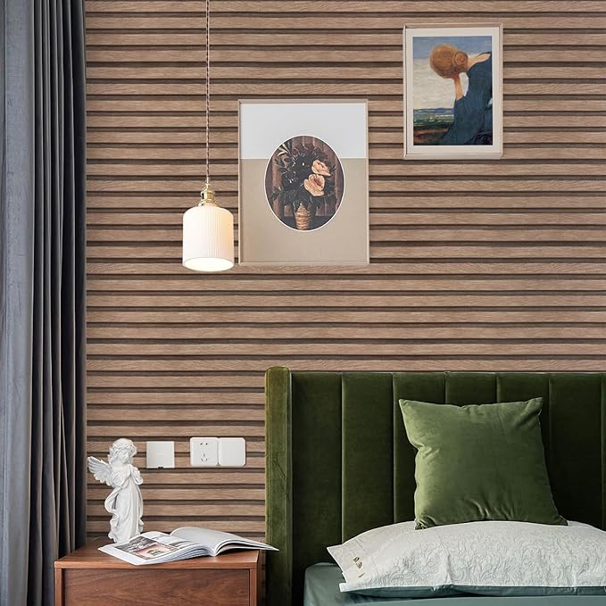 Yun-aeon Natural Wood Peel and Stick Wallpaper Wood Slats - 17.3"x 1200" Light Tan Self-Adhesive Waterproof Vinyl Removable Wall Paper for Wall Decor Bedroom