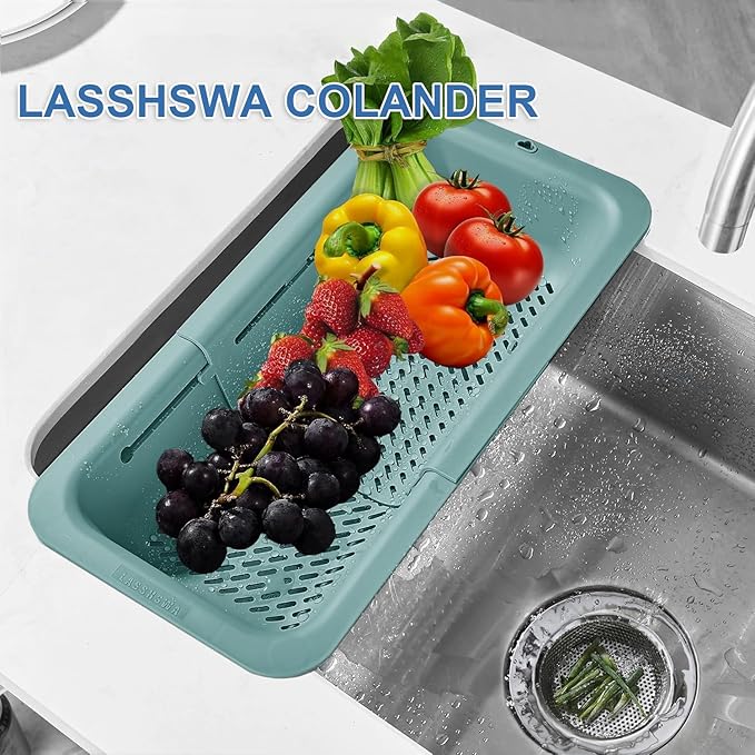LASSHSWA Collapsible Colander for Kitchen, Over the Sink Strainer Basket for Kitchen, Fruit Pasta Food Strainer Expandable Plastic Colander BPA Free (Turquoise Blue)