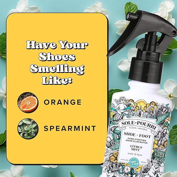 Sole-Pourri Shoe Deodorizer + Foot Spray, 3.4 Fl Oz, Up to 150 Uses, Funk-Fighting Odor Freshener with Essential Oils, for Smelly Shoes, Feet & Gym Bags, Citrus & Mint Scent
