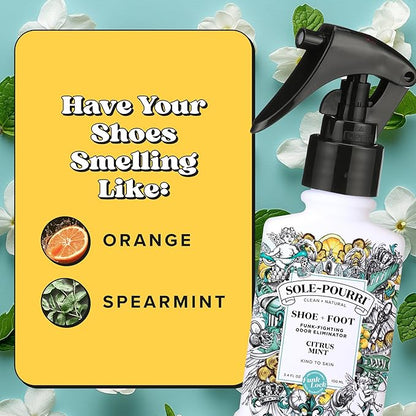 Sole-Pourri Shoe Deodorizer + Foot Spray, 3.4 Fl Oz, Up to 150 Uses, Funk-Fighting Odor Freshener with Essential Oils, for Smelly Shoes, Feet & Gym Bags, Citrus & Mint Scent