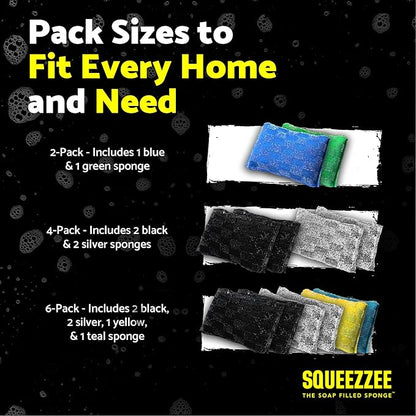 Squeezzee Soap Filled Scrubber Sponges - Non Scratch Scrubbing Sponge with Built-In Dishwashing Liquid Dish Soap - Double Sided Kitchen & Household Cleaning Scrubbers - Up to 300 Washes Per Sponge - 4