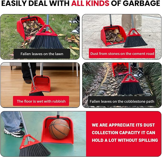 Commercial Broom and Dustpan Set,Heavy Duty Broom Set,Jumbo Debris Dustpan, Trash Collection for Commercial/Industrial Cleaning,2Sets, Red,Extra-Large Size