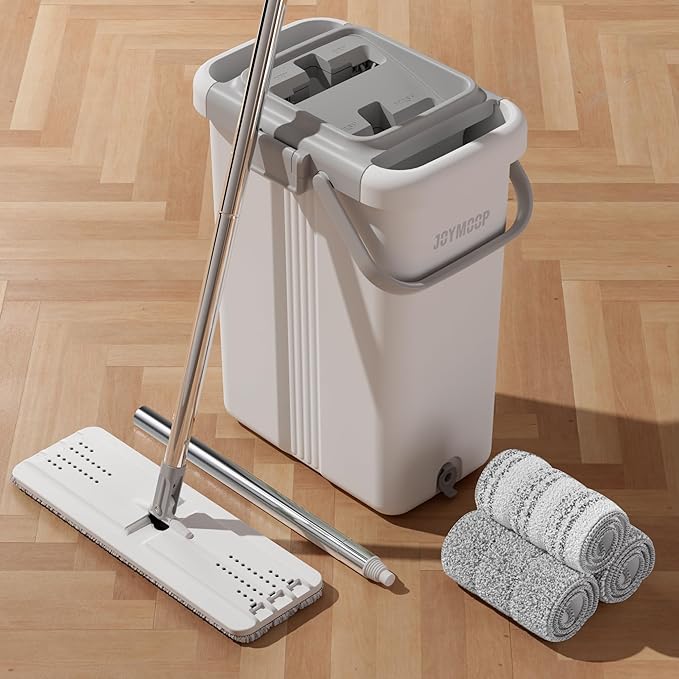 JOYMOOP Mop and Bucket Set for Floor Cleaning and Wall Cleaner, Flat Mop and Bucket System Set (White, White X-Large Bucket #5 + 60" Flat Mop + 3 Pads)
