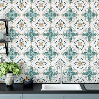 AM AMAONM 10pcs 20x20cm Removable Square Vintage Floral Pattern Tile Stickers 3D Decorative Peel and Stick Vinyl Self Adhesive Wall Tiles Decor Decals for Kitchen Backsplash Bathroom Furniture (C)