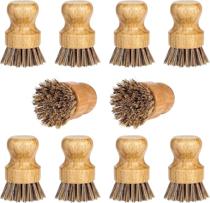 12 Packs Bamboo Dish Scrub Brush Wooden Washing Scrubbers with Sisal Bristles Kitchen Palm Pot Brush Round Mini Dish Brushes for Household Iron Pot Pan Sink Sink Vegetables Cleaning (Brown)