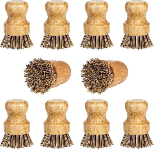 12 Packs Bamboo Dish Scrub Brush Wooden Washing Scrubbers with Sisal Bristles Kitchen Palm Pot Brush Round Mini Dish Brushes for Household Iron Pot Pan Sink Sink Vegetables Cleaning (Brown)