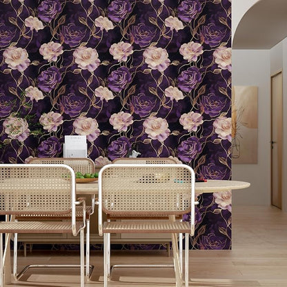 Dark Floral Wallpaper Peel and Stick Purple/Gold Rose Flower Contact Paper 17.4" x 393" Wall Paper Waterproof Self-Adhesive Wall Covering for Bedroom Countertop Desk Cabinets Decor Renter Friendly
