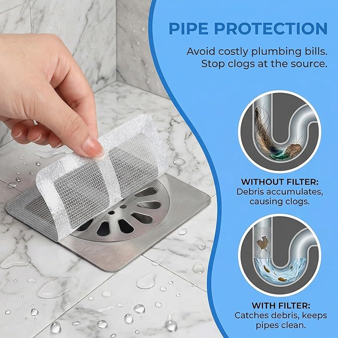 Disposable Shower Drain Hair Catcher 30 Pack, Waterproof Peel and Stick Mesh Drain Strainer Stickers for Shower, Bathtub, Bathroom Sink, Laundry and Tub Drains — Hair Trap Clog Prevention