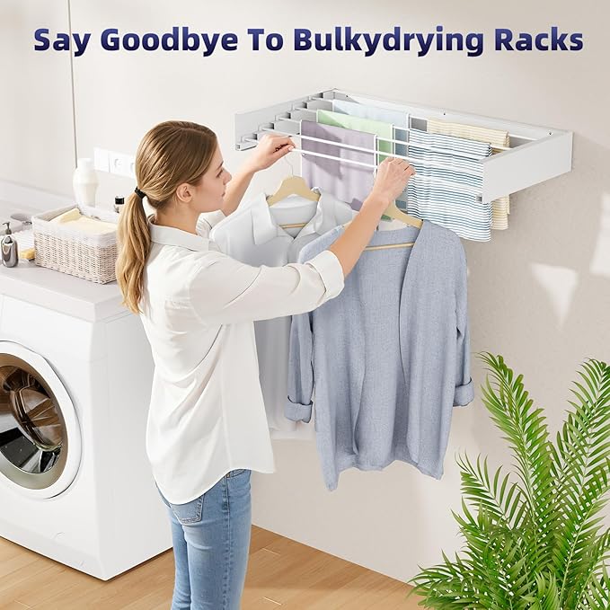 ZMBESUP Foldable Wall Mounted Laundry Drying Rack, 31.5 Inch Wide Space-Saving Clothes Drying Rack with 5 Aluminum Rods, 13.2 Linear Feet Drying Space, 60 lb Capacity,（ White）