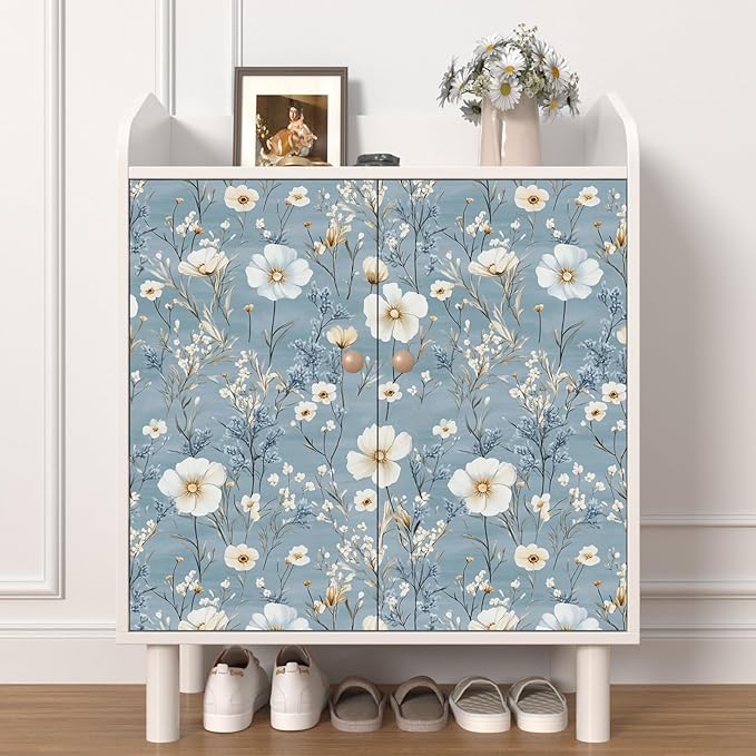 Laatse Blue Floral Peel and Stick Wallpaper White Botanical Contact Paper Vintage Leaf Wall Mural for Bedroom Bathroom Vinyl Waterproof Self Adhesive Removable Renter Dorm Wall Paper 17.5" x 118"