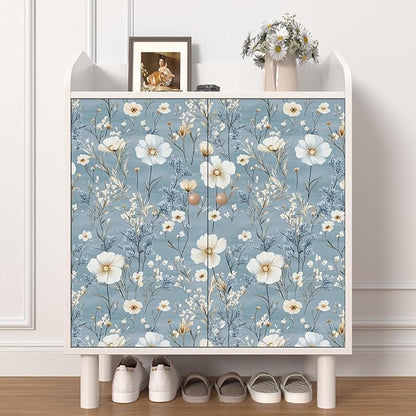 Laatse Blue Floral Peel and Stick Wallpaper White Botanical Contact Paper Vintage Leaf Wall Mural for Bedroom Bathroom Vinyl Waterproof Self Adhesive Removable Renter Dorm Wall Paper 17.5" x 118"