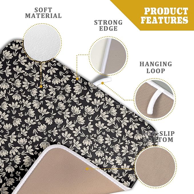Floral Dish Drying Mat for Kitchen Counter 18x16 Inch Black Flower Drying Mat with Absorbent Reversible Microfiber Holiday Season Spring Dish Drainer Mats Rack Pad for Coffee Countertop Protector