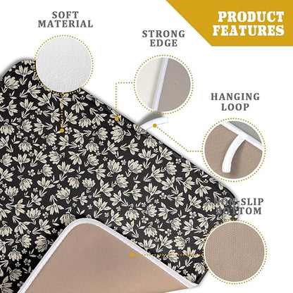 Floral Dish Drying Mat for Kitchen Counter 18x16 Inch Black Flower Drying Mat with Absorbent Reversible Microfiber Holiday Season Spring Dish Drainer Mats Rack Pad for Coffee Countertop Protector