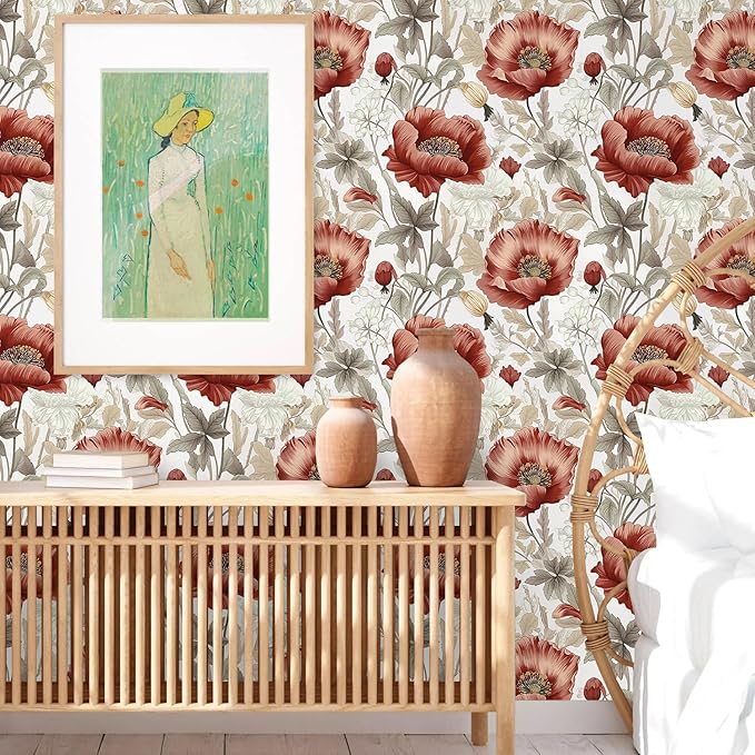 Jeweluck Floral Peel and Stick Wallpaper Boho Floral Contact Paper 16.9inch x 118.1inch Vintage Flowers Wall Paper Botanical Self Adhesive Removable Wallpaper for Bathroom Bedroom Waterproof Vinyl