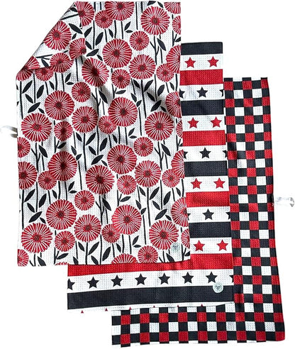 || 3 Pack|| Double Sided Dish Towels || Waffle Weave Microfiber || Tea Towels || Highly Absorbent || Hanging Loop || Dish Cloths || Modern || Designer Prints (July 4th)