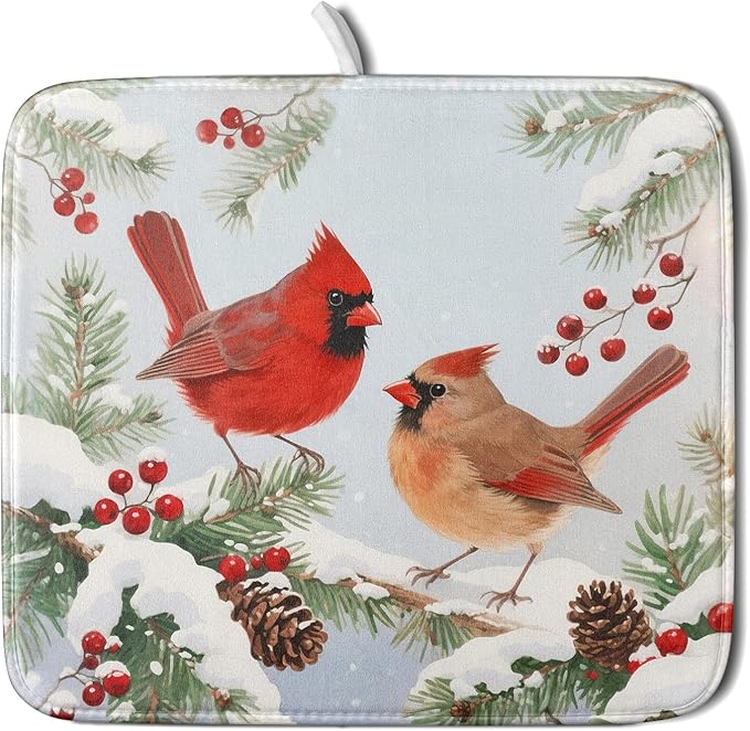 Winter Cardinal Bird Dish Drying Mat for Kitchen Counter 16x18 Christmas Snow Scene Theme Seasonal Absorbent Reversible Microfiber Drying Mats Kitchen Countertop Protector Dishes Drainer Pad