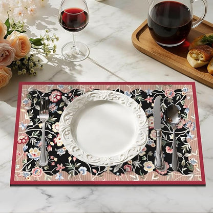 LOKHOM Floral Dish Drying Mat, 12"x20" Super Absorbent Non-slip Bordered Coffee Mat with Oil Painting Black Floral, Cuttable Hide Stain Drying Mat for Kitchen Counter Coffee Maker Espresso Machine