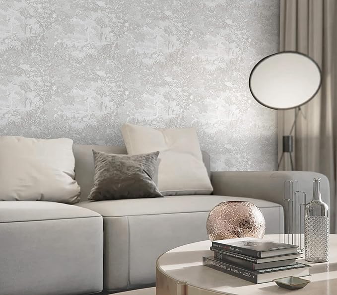 Heroad Peel and Stick Wallpaper Grey and White Vintage Forest Animals Floral Wallpaper Removable Self-Adhesive Contact Paper for Bedroom Living Room Cabinets Decoration Thicken Vinyl 17.3" x 197"