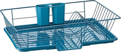 Sweet Home Collection 3 Piece Dish Drainer Rack Set with Drying Board and Utensil Holder, 12" x 19" x 5", Teal(Pack of 1)
