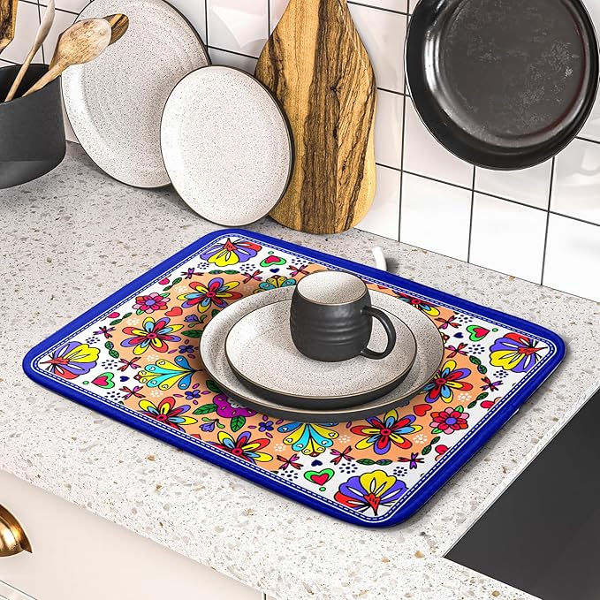 Mexican Talavera Dish Drying Mat Navy Blue Microfiber Dish Drain Pad for Kitchen Decor