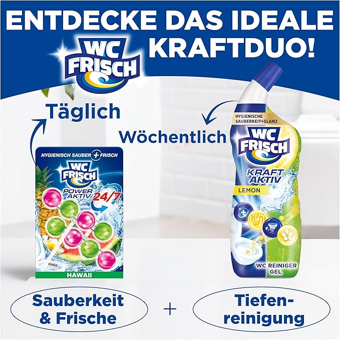 WC Frisch Kraft Active Fragrance Rinser Hawaii (2 x 50 g), Toilet Cleaner for Cleaning with Every Flush, Fragrance Stones for Long-Lasting Fresh Fragrance, + 50% Anti-limescale Effect