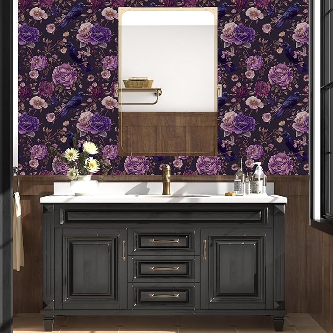 Crow Wallpaper Peel and Stick, Dark Purple Raven Bird Floral Contact Paper, Vintage Witchy Goth Wall Paper Self Adhesive Removable Waterproof for Bathroom Shelf Cabinet Drawer Table 17.5" x 118"