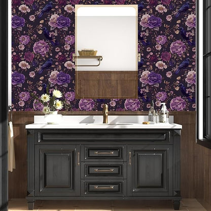 Dark Crow Birds Peel and Stick Wallpaper, Purple Raven Floral Contact Paper 17.5" x 393", Vintage Witchy Wall Paper Self Adhesive Removable Waterproof for Bathroom Bedroom Shelf Cabinet Drawer Table