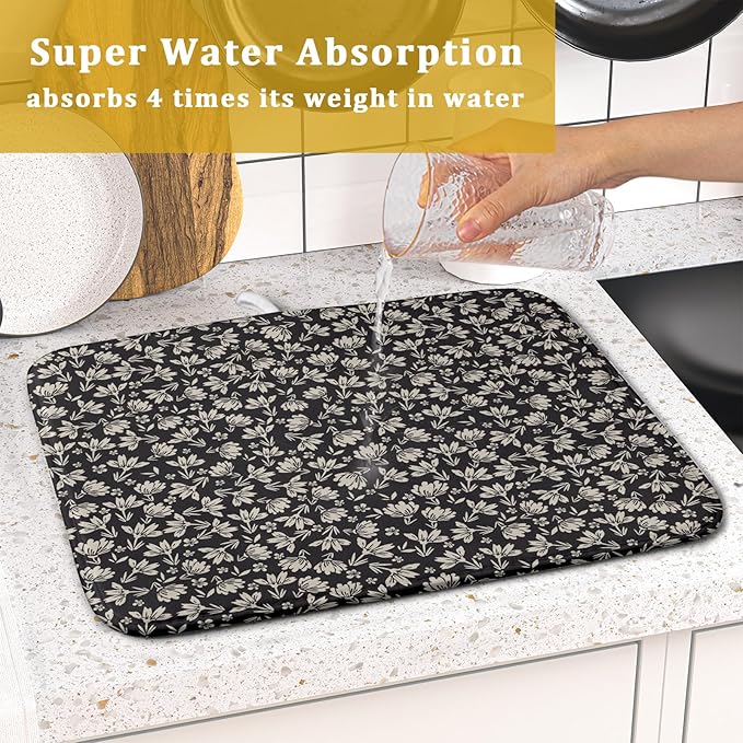 Floral Dish Drying Mat for Kitchen Counter 18x16 Inch Black Flower Drying Mat with Absorbent Reversible Microfiber Holiday Season Spring Dish Drainer Mats Rack Pad for Coffee Countertop Protector