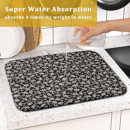 Floral Dish Drying Mat for Kitchen Counter 18x16 Inch Black Flower Drying Mat with Absorbent Reversible Microfiber Holiday Season Spring Dish Drainer Mats Rack Pad for Coffee Countertop Protector