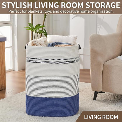 Large Laundry Basket - Tall Woven Rope Laundry Hamper with Leather Handles - Dirty Clothes hamper for Living room, Bedroom, 17" X 13.8" X 22", Dark Blue & White