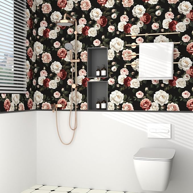 Fvlow Black Floral Wallpaper Peel and Stick 17.4" X 118" Pink Rose Contact Paper Dark Small Flower Vintage Garden Removable Covering for Bedroom Cabinet Bathroom Moody Home Decor Black Color