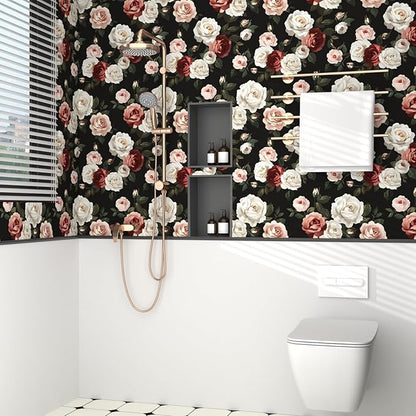 Fvlow Black Floral Wallpaper Peel and Stick 17.4" X 118" Pink Rose Contact Paper Dark Small Flower Vintage Garden Removable Covering for Bedroom Cabinet Bathroom Moody Home Decor Black Color