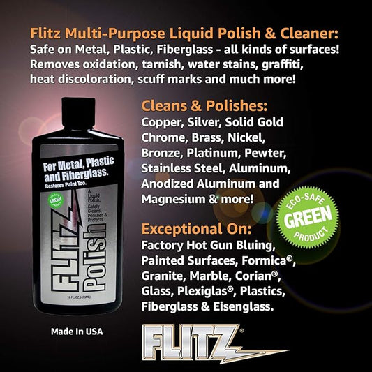 Flitz Multi Purpose Metal Polish Liquid - 16oz Bottle of USA-Made Tarnish Remover - For Aluminum, Chrome, Brass, Nickel, Silver - Non-Abrasive Metal Cleaner and Polish, Restorer (1 Pack)