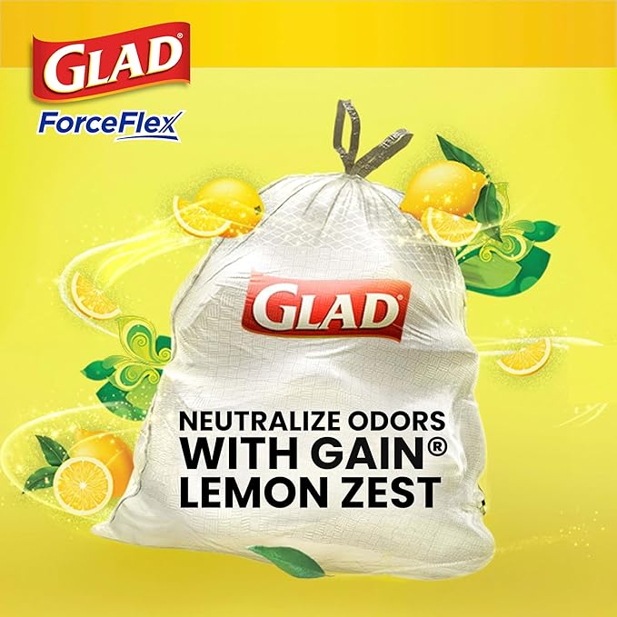 Glad Trash Bags, 13 Gallon, 40 Ct, Pack of 2 | ForceFlex | Tall Kitchen | Drawstring | Gain Lemon Zest