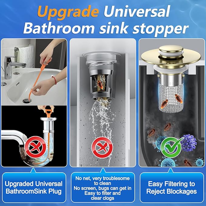 Sink Stopper Hair Catcher,(4PCS) Pop-up Sink Drain Strainer with Removable Stainless Steel Strainer Basket Hair Catcher, Bathroom Sink Strainer for Bathroom Sink Stopper Replacement (4, Brushed Gold)