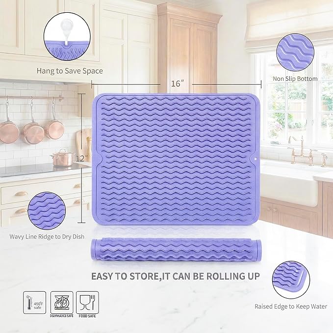 MicoYang Silicone Dish Drying Mat for Multiple Usage,Easy clean,Eco-friendly,Heat-resistant Silicone Mat for Kitchen Counter or Sink,Refrigerator or drawer liner Light Purple L 16 inches x 12 inches