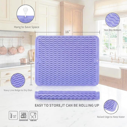 MicoYang Silicone Dish Drying Mat for Multiple Usage,Easy clean,Eco-friendly,Heat-resistant Silicone Mat for Kitchen Counter or Sink,Refrigerator or drawer liner Light Purple L 16 inches x 12 inches