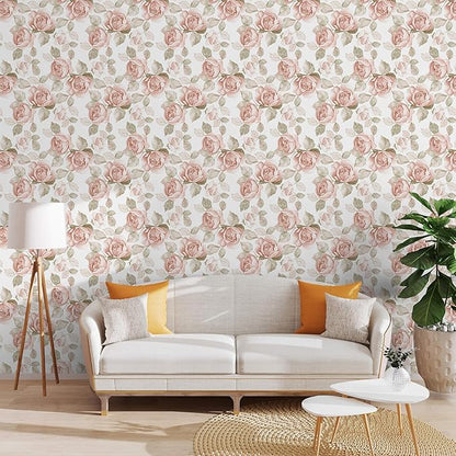 Heroad 16.1''x196'' Vintage Floral Peel and Stick Wallpaper Flower Contact Paper Retro Wall Paper Waterproof Removable Self Adhesive Wallpaper for Bedroom Living Room Cabinet Rose Decor Vinyl Roll