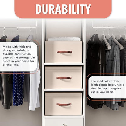 Ornavo Home 6 Pack Collapsible Storage Bins with Lid, Foldable Linen Fabric Shelf Storage Basket Closet Organizer and Large Storage Box for Clothes with Leather Handles, 15 x 10 x 9, Beige