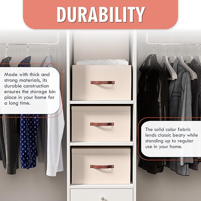 Ornavo Home 3 Pack Collapsible Storage Bins with Lid, Foldable Linen Fabric Shelf Storage Basket Closet Organizer and Large Storage Box for Clothes with Leather Handles, 16.5 x 11.8 x 7.5, Beige