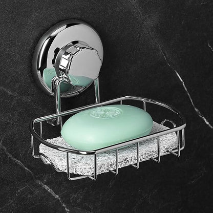HASKO Suction Cup Soap Dish for Shower Wall, Rustproof Stainless Steel Shower Soap Holder for Bathroom with Hooks and Soap Saver, Includes Optional No Drill Adhesive Mount, Silver