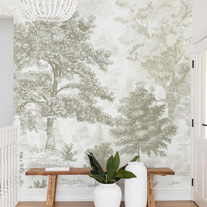Zeeko Vintage Forest Wall Murals Peel and Stick 88.5" W x 110" H Beige Tree Wallpaper Self-Adhesive Large Nature Landscapes Murals Canvas Wall Decor for Bedroom Bathroom