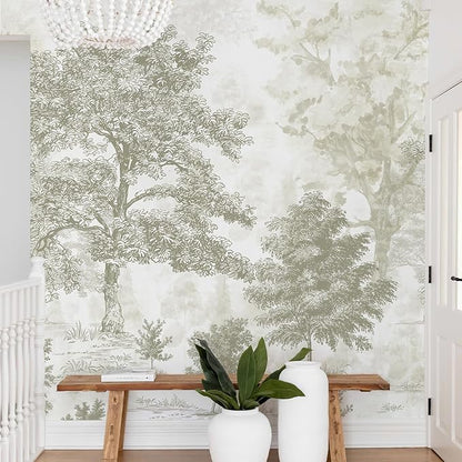 Zeeko Vintage Forest Wall Murals Peel and Stick 88.5" W x 110" H Beige Tree Wallpaper Self-Adhesive Large Nature Landscapes Murals Canvas Wall Decor for Bedroom Bathroom