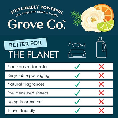Grove Co. Laundry Detergent Sheets, Power Clean Dissolving Washer Sheets (2 Pack - 64 Loads) Tough Stain Remover, Unscented Free & Clear Formula