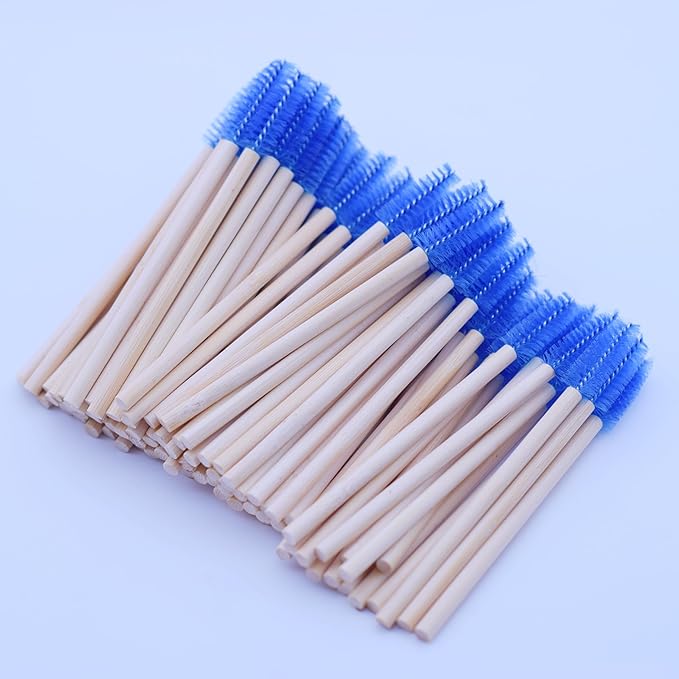 100 Pcs per Container Disposable Wood Mascara Wands, Bamboo Spoolies Brush for Eyelash Extensions, Spooly Eyebrow Brushes Lash Wand Applicator Stick (Blue)