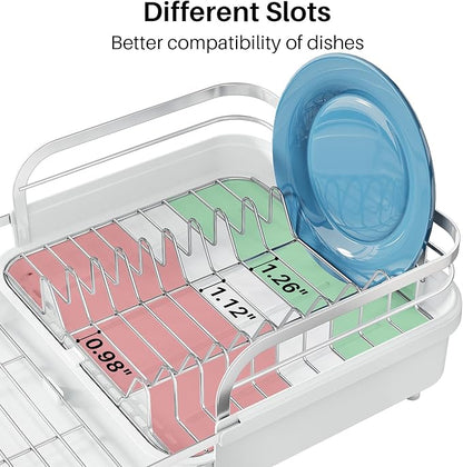 SNTD Dish Drying Rack, Expandable Dish Rack for Kitchen Counter, Stainless Steel Dish Drainer with Drainboard Set and Utensil Holder (White)